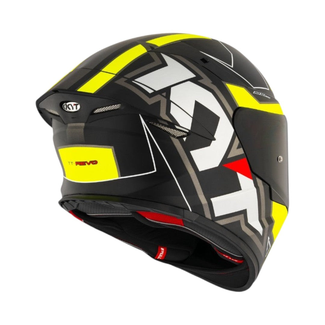 Motodrift KYT TT Revo Electron motorcycle helmet in black with yellow and white graphic details and rear spoiler
