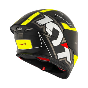 Motodrift KYT TT Revo Electron motorcycle helmet in black with yellow and white graphic details and rear spoiler