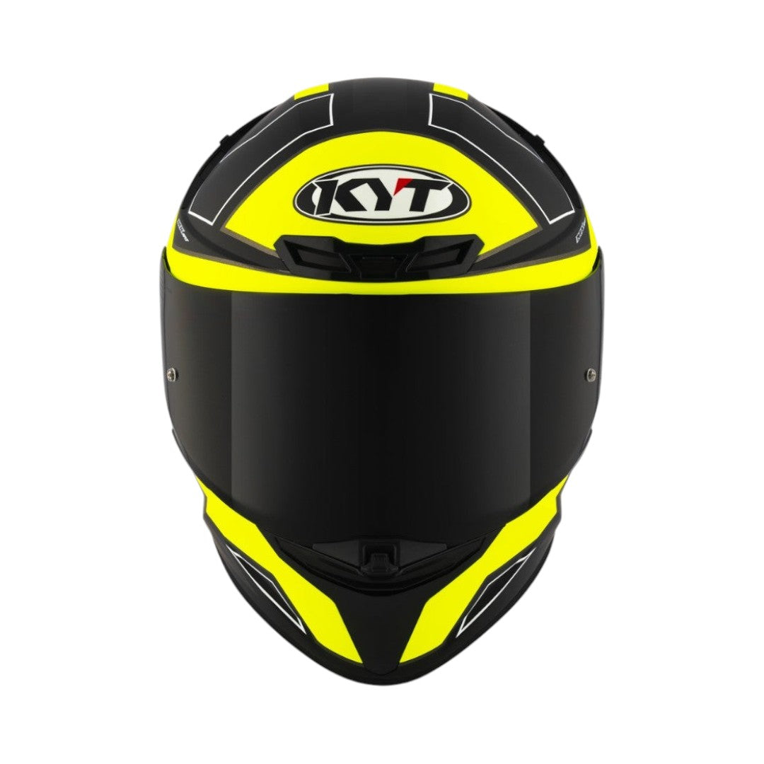 Motodrift KYT TT Revo Electron full-face motorcycle helmet in black and neon yellow with a dark tinted visor