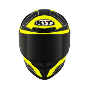 Motodrift KYT TT Revo Electron full-face motorcycle helmet in black and neon yellow with a dark tinted visor