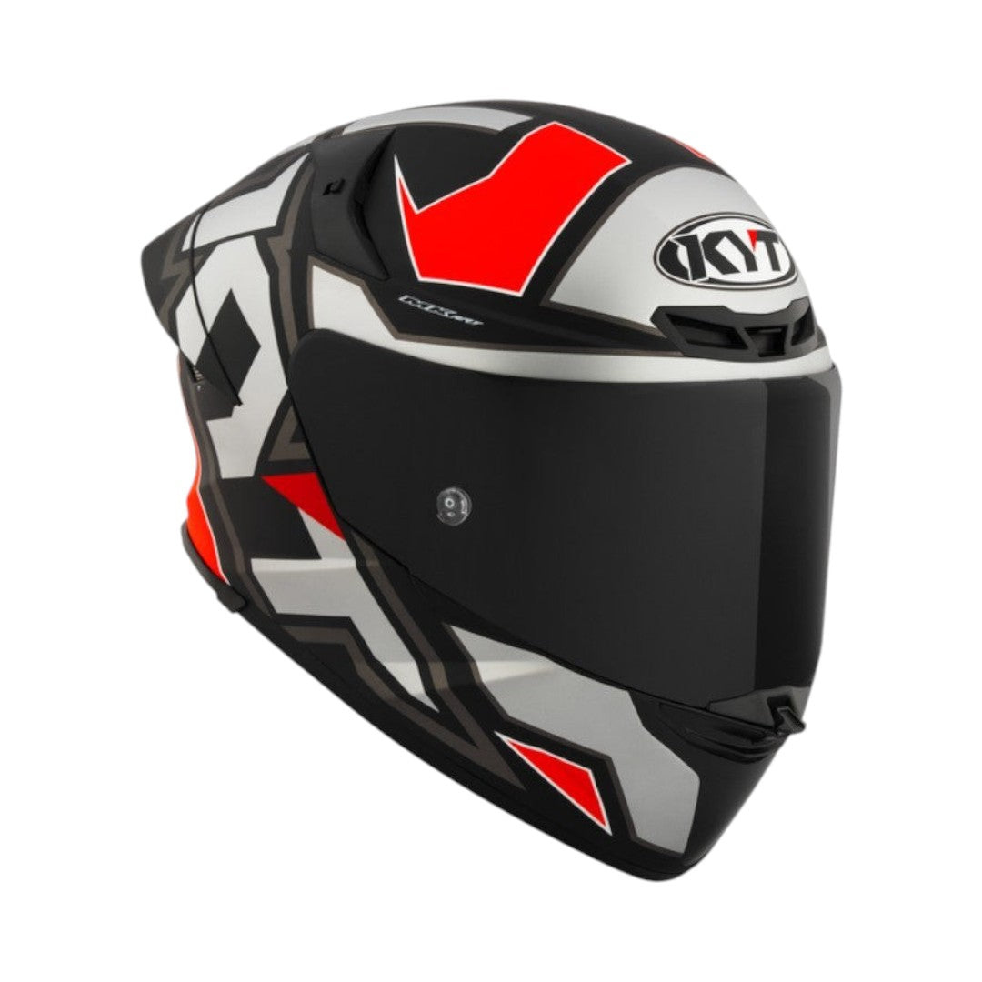 Motodrift KYT TT Revo Electron full-face motorcycle helmet in black, white, and red with an aerodynamic spoiler.