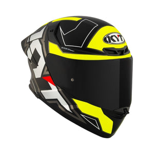 Motodrift KYT TT Revo Electron full-face motorcycle helmet in black, yellow, and white with a dark tinted visor.