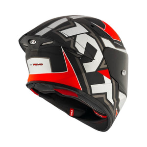 Motodrift KYT TT Revo Electron full-face motorcycle helmet in black, white, and red with aerodynamic spoiler design.