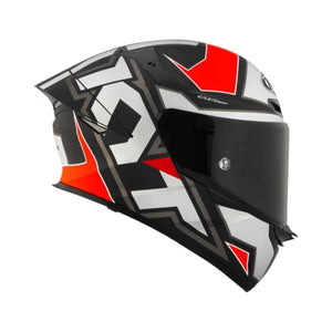 Motodrift KYT TT Revo Electron full-face motorcycle helmet in black, white, and red with aerodynamic spoiler