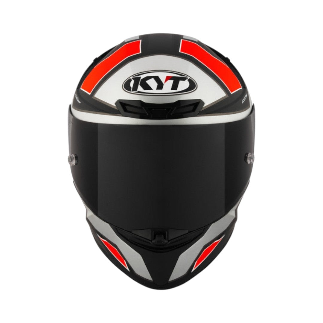 Motodrift KYT TT Revo Electron full-face motorcycle helmet in black, silver, and red with a dark tinted visor.
