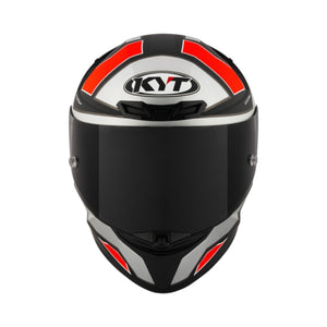 Motodrift KYT TT Revo Electron full-face motorcycle helmet in black, silver, and red with a dark tinted visor.