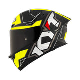 Motodrift KYT TT Revo Electron full-face motorcycle helmet in black and neon yellow with aerodynamic spoiler