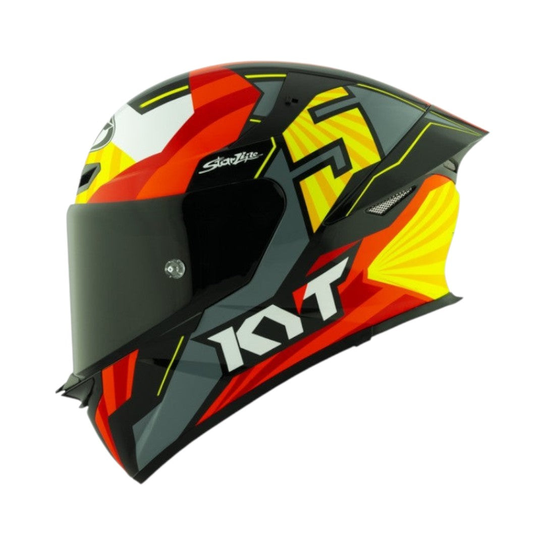 Motodrift KYT TT Revo Flux gloss motorcycle helmet with aerodynamic design, red, yellow, and grey graphic pattern.