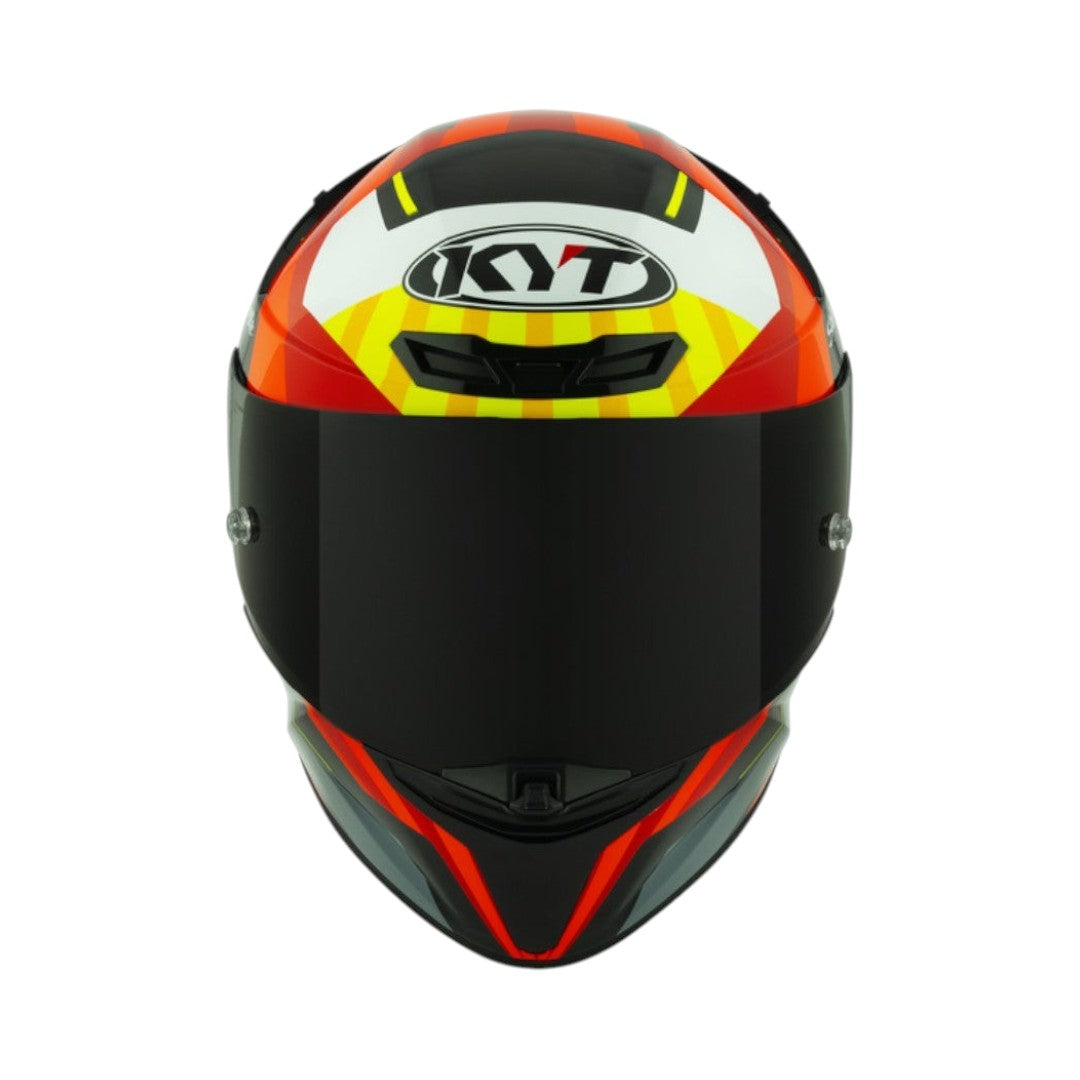 Motodrift KYT TT Revo Flux gloss motorcycle helmet with aerodynamic design, tinted visor, and vibrant red and yellow graphics