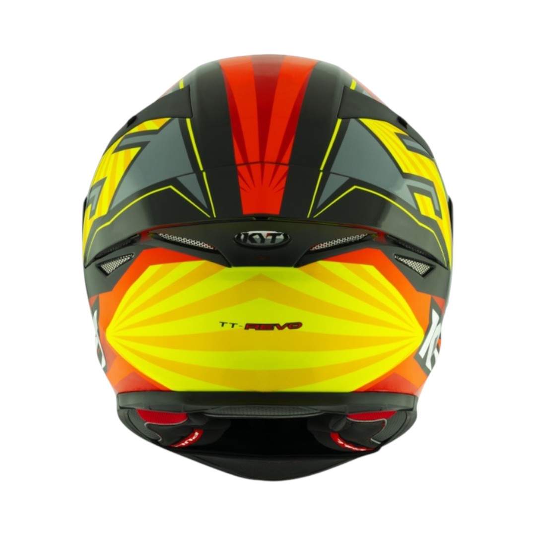 Motodrift KYT TT Revo Flux full-face motorcycle helmet in a vibrant black, red, and yellow aerodynamic graphic design.