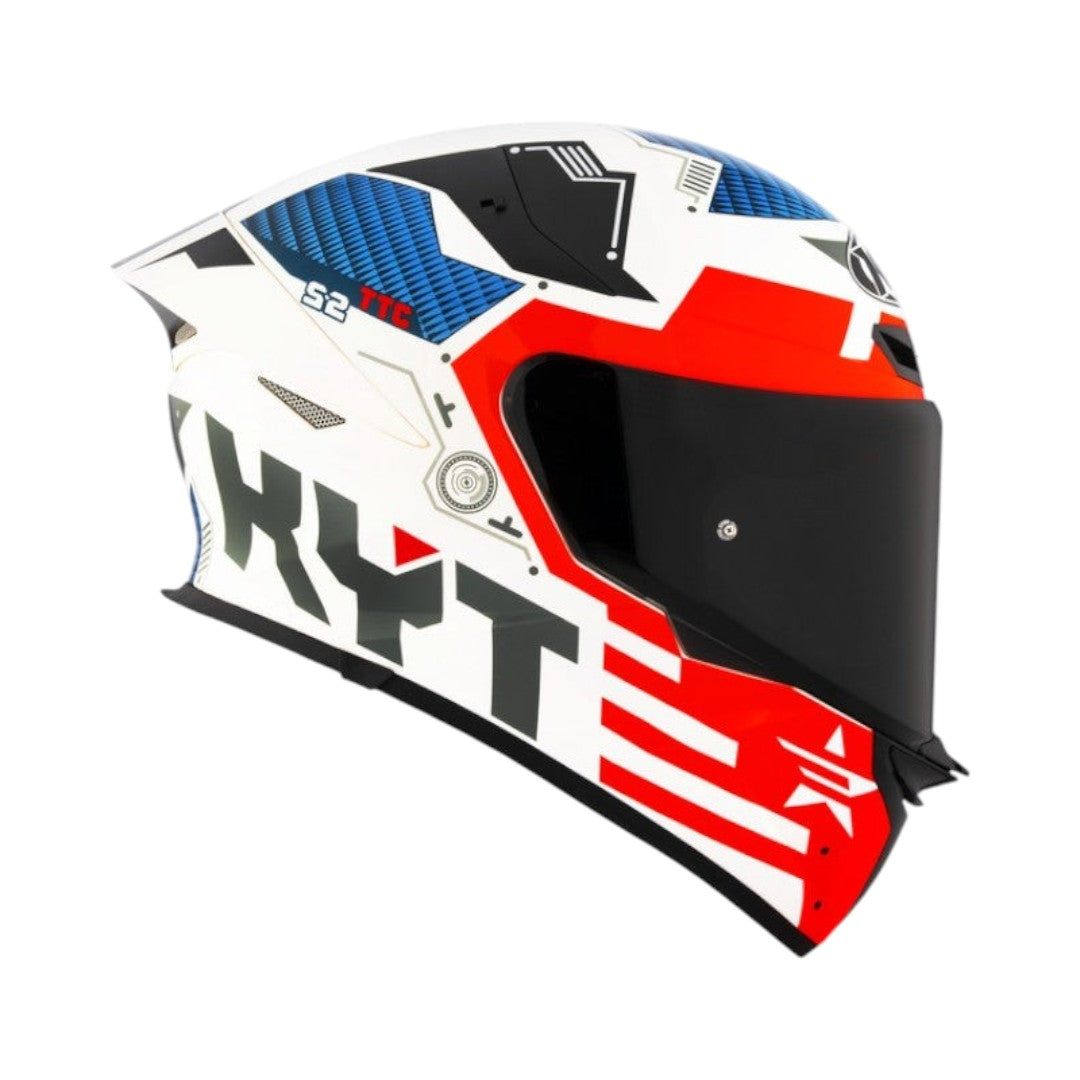 Motodrift KYT TT Revo Fuselage full-face motorcycle helmet in white, red, and blue with aerodynamic graphic design