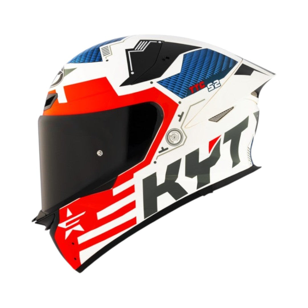 Motodrift KYT TT Revo Fuselage full-face motorcycle helmet in white, red, and blue with aerodynamic graphic design