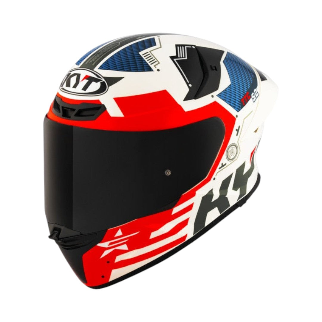 Motodrift KYT TT Revo Fuselage full-face motorcycle helmet in white, red, and blue with a dark tinted visor.