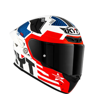 KYT TT Revo Fuselage full face motorcycle helmet in white, red, and blue with a tinted visor