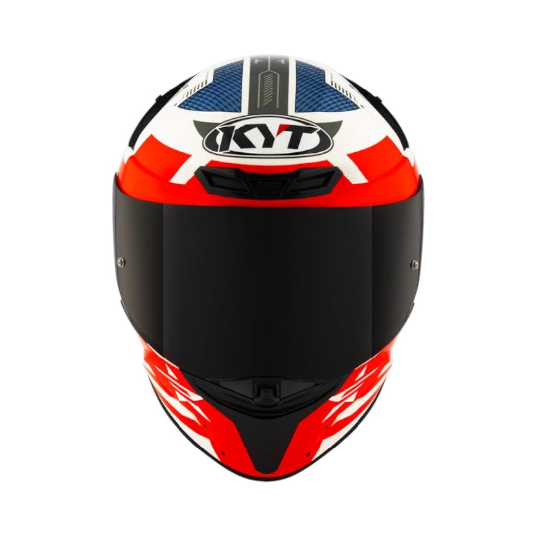 Motodrift KYT TT Revo Fuselage full-face motorcycle helmet in red, white, and blue with a dark tinted visor