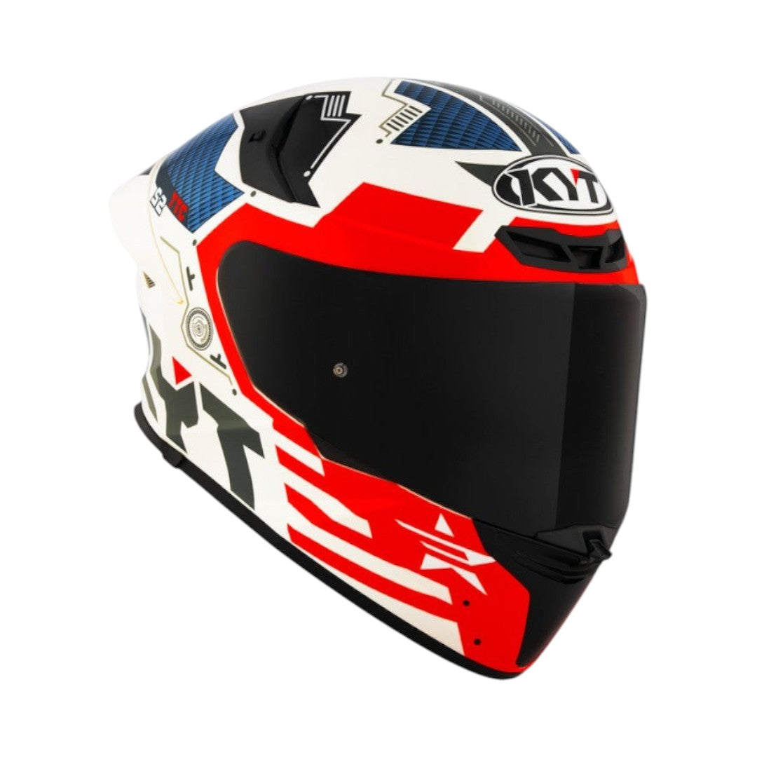 Motodrift KYT TT Revo Fuselage full-face helmet in white, red, and blue with aerodynamic design and dark visor