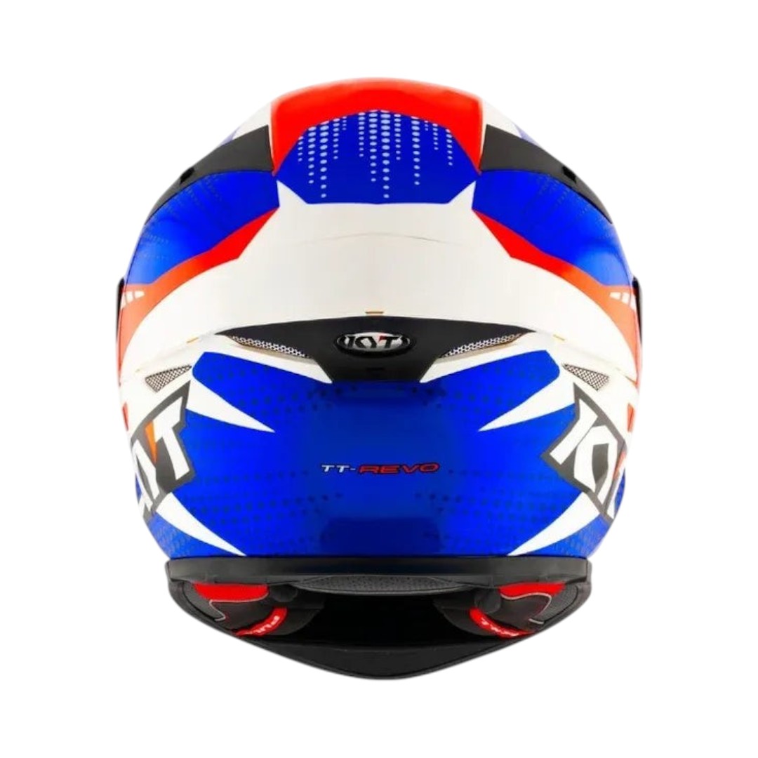 Motodrift KYT TT Revo Gear full-face motorcycle helmet in blue, white, and red with aerodynamic rear exhaust vents.