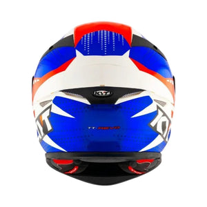 Motodrift KYT TT Revo Gear full-face motorcycle helmet in blue, white, and red with aerodynamic rear exhaust vents.