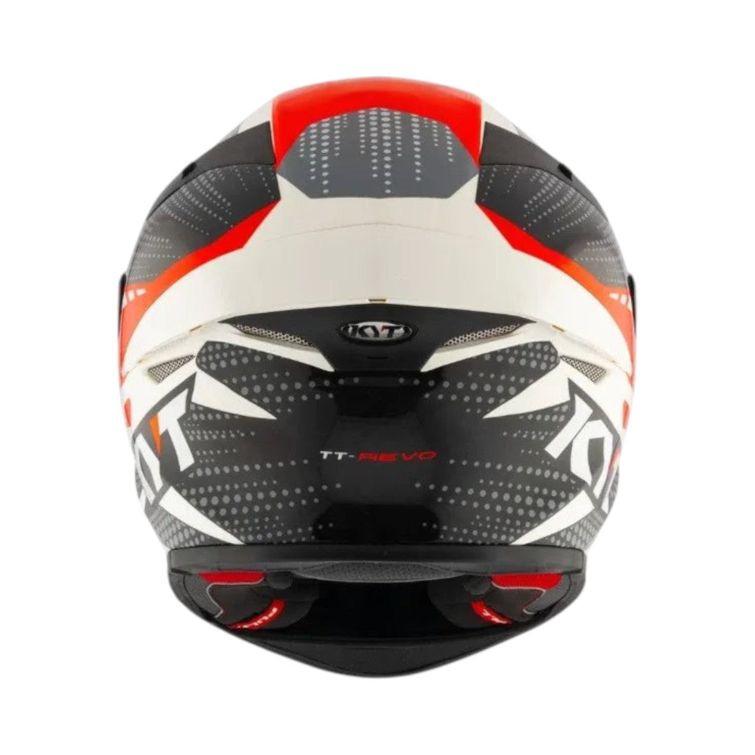 Motodrift KYT TT Revo Gear full-face motorcycle helmet, rear view showing aerodynamic shell, vents, and graphic design