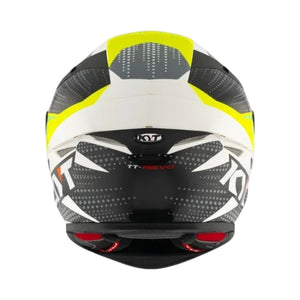 Motodrift KYT TT Revo Gear full-face motorcycle helmet in black, white, and neon yellow with aerodynamic design