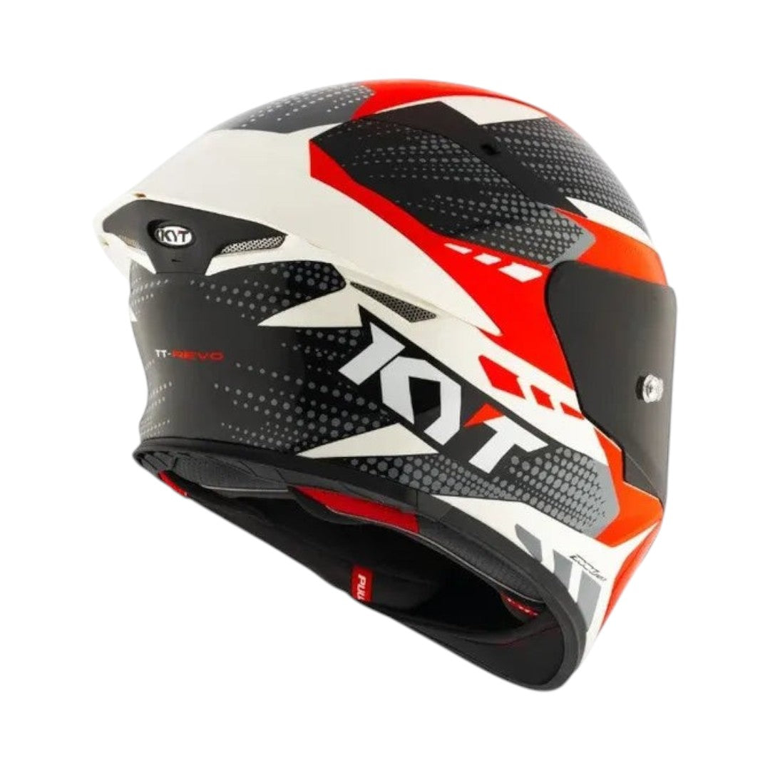 Motodrift KYT TT Revo Gear full-face motorcycle helmet in red, white, and black with aerodynamic graphic design