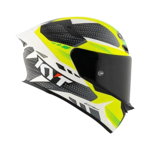 Motodrift KYT TT Revo Gear full-face motorcycle helmet in yellow, white, and black with aerodynamic design