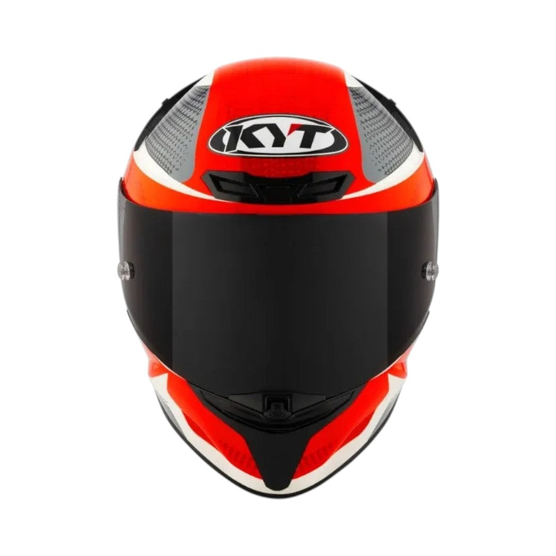 Motodrift KYT TT Revo Gear full-face motorcycle helmet in red, white, and grey with a dark tinted visor