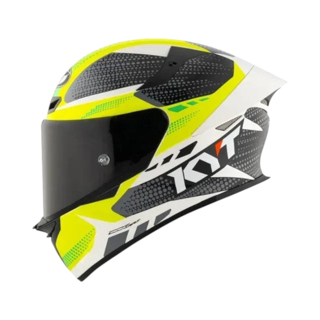 Motodrift KYT TT Revo Gear full-face motorcycle helmet in white, black, and neon yellow with aerodynamic design.