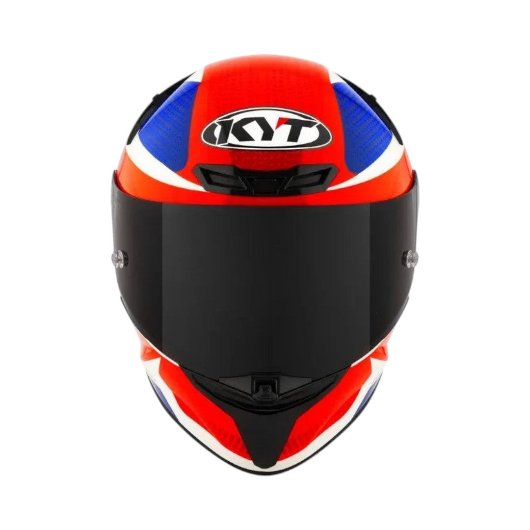 Motodrift KYT TT Revo Gear full-face motorcycle helmet in red, white, and blue with a dark tinted visor