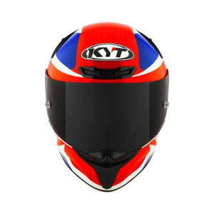 Motodrift KYT TT Revo Gear full-face motorcycle helmet in red, white, and blue with a dark tinted visor