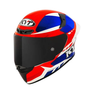 Motodrift KYT TT Revo Gear full-face motorcycle helmet in red, white, and blue with a dark tinted visor.