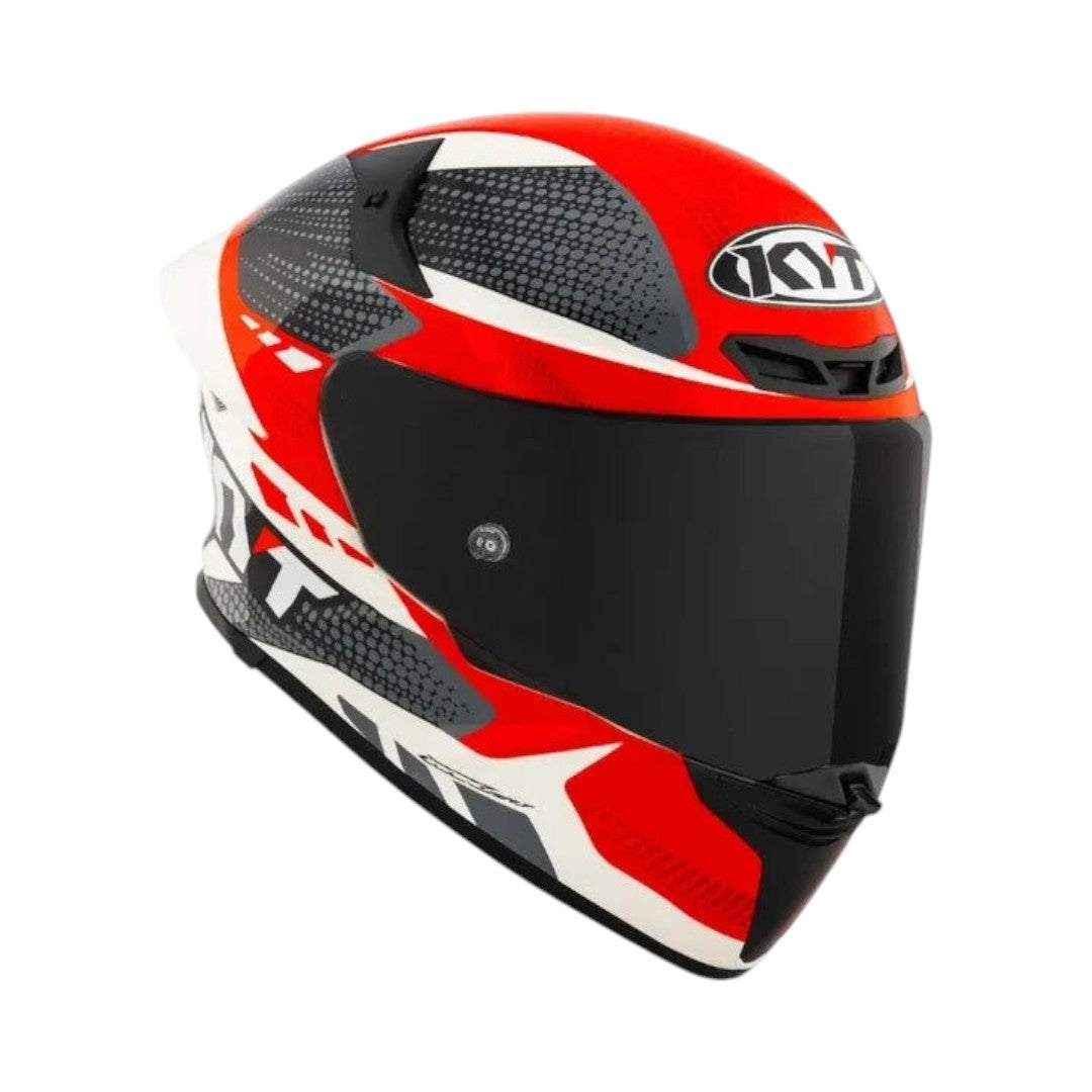 Motodrift KYT TT Revo Gear full-face motorcycle helmet in red, white, and black with aerodynamic design and dark visor