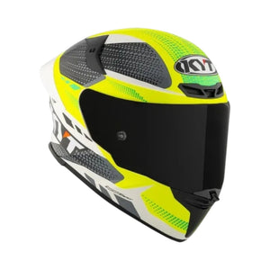 Motodrift KYT TT Revo Gear full-face motorcycle helmet in neon yellow, grey, and white with a dark tinted visor.