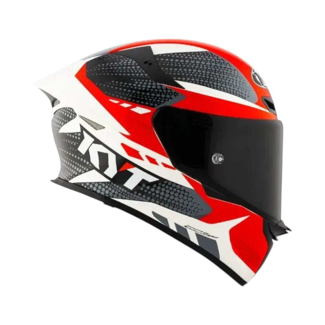 Motodrift KYT TT Revo Gear full-face motorcycle helmet in red, white, and black with aerodynamic racing graphics.