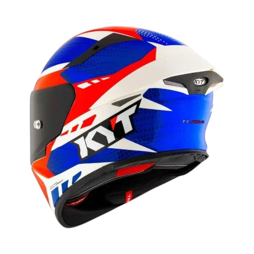 Motodrift KYT TT Revo Gear full-face motorcycle helmet in red, white, and blue with aerodynamic design