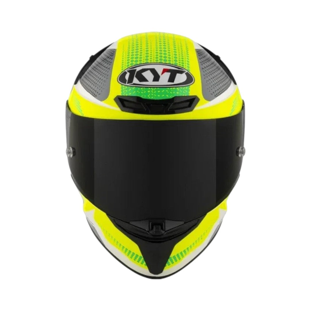 Motodrift KYT TT Revo Gear full-face motorcycle helmet in neon yellow and grey with a dark tinted visor