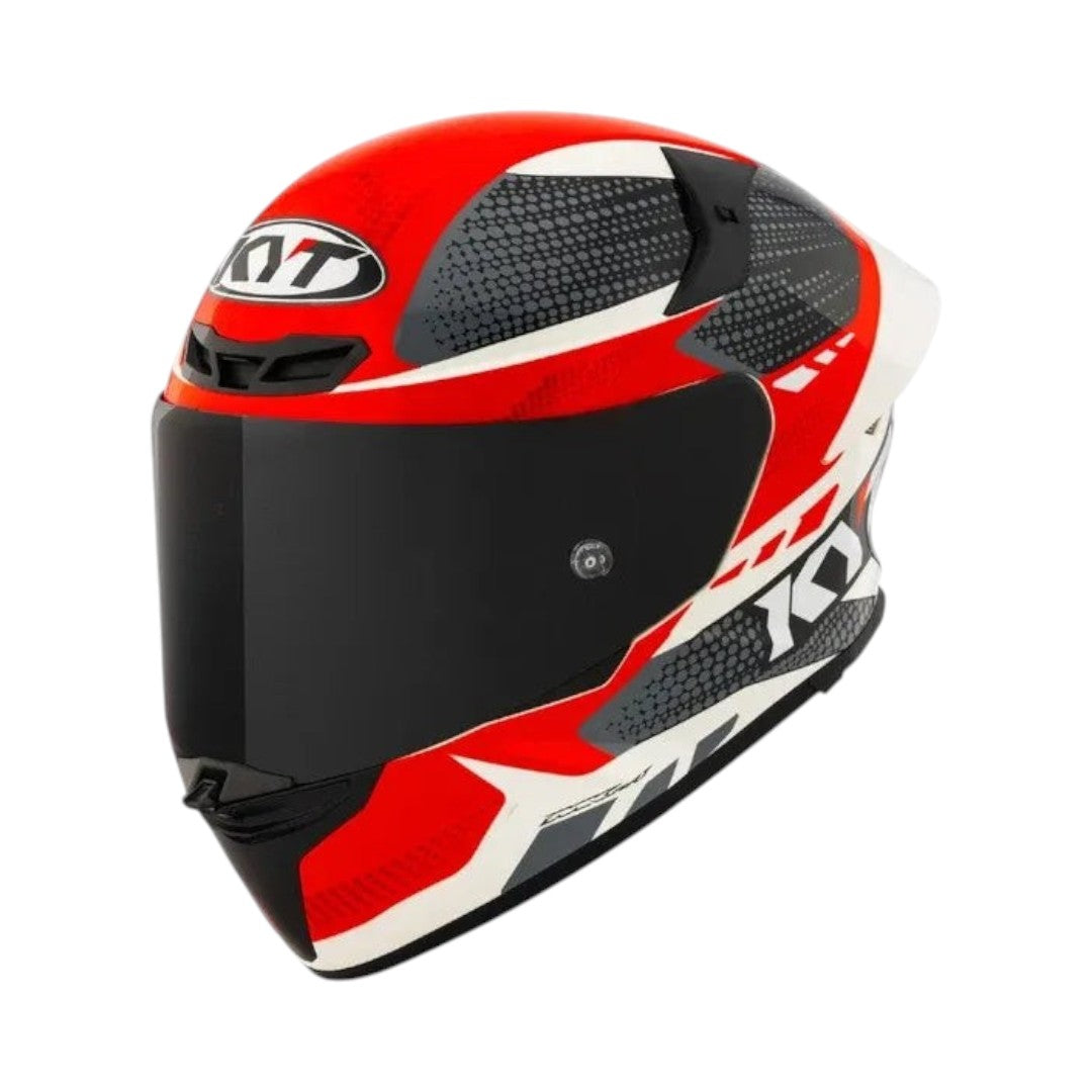 Motodrift KYT TT Revo Gear full-face motorcycle helmet in red, white, and black with a dark tinted visor