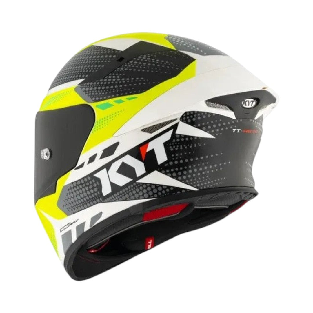 Motodrift KYT TT Revo Gear full-face motorcycle helmet in white, black, and neon yellow with aerodynamic design