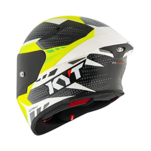 Motodrift KYT TT Revo Gear full-face motorcycle helmet in white, black, and neon yellow with aerodynamic design