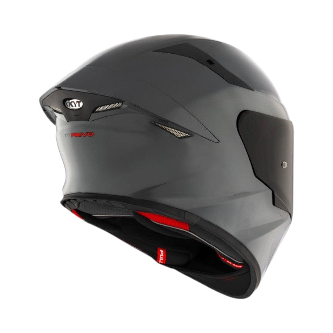 Motodrift KYT TT Revo plain grey sport touring helmet, rear view showing aerodynamic shell and ventilation ports.