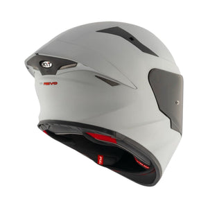 Motodrift KYT TT Revo plain matte grey sport touring motorcycle helmet, rear view showing aerodynamic spoiler.