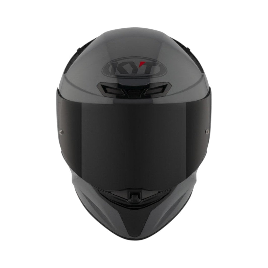 Motodrift KYT TT Revo Plain sport touring helmet in glossy grey with a dark tinted visor, front view.
