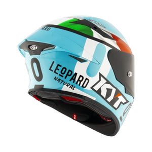 Motodrift KYT TT Revo Leopard India Edition motorcycle helmet in gloss finish, rear view showing aerodynamic spoiler.