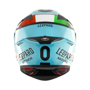 Motodrift KYT TT Revo Leopard India Edition motorcycle helmet, rear view featuring light blue, white, and green graphics.