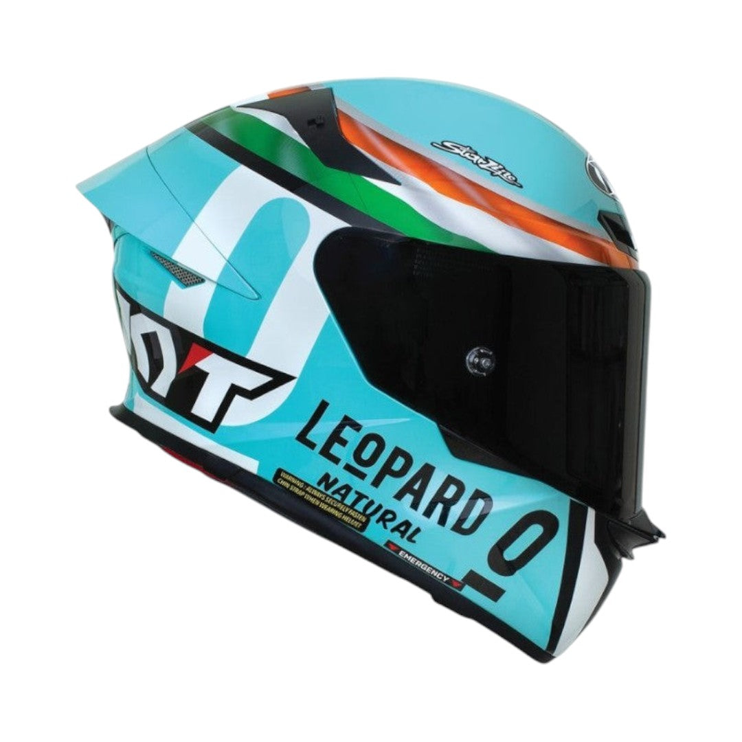 Motodrift KYT TT Revo Leopard India Edition full-face motorcycle helmet in gloss light blue with racing graphics