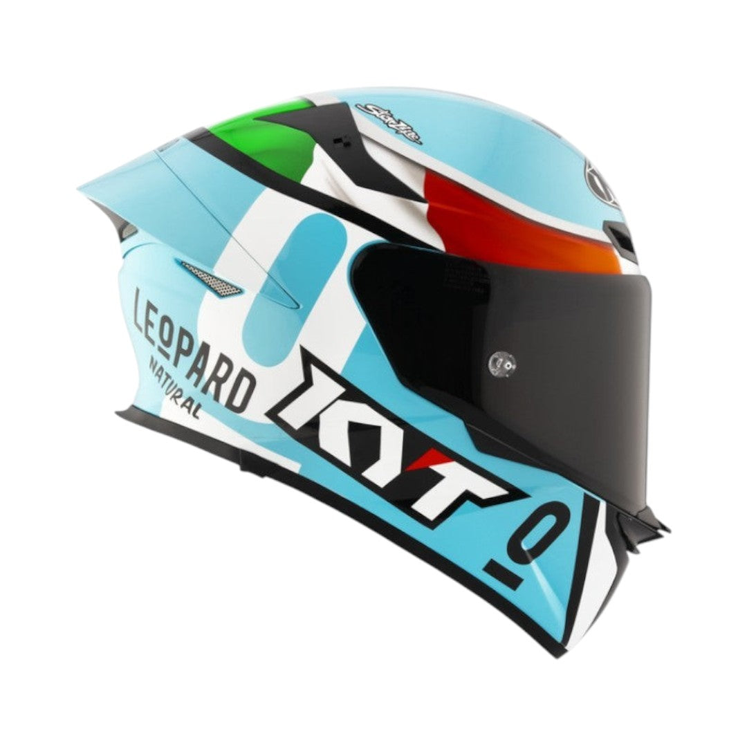 Motodrift KYT TT Revo Leopard Tricolore full-face motorcycle helmet with aerodynamic spoiler and tinted visor
