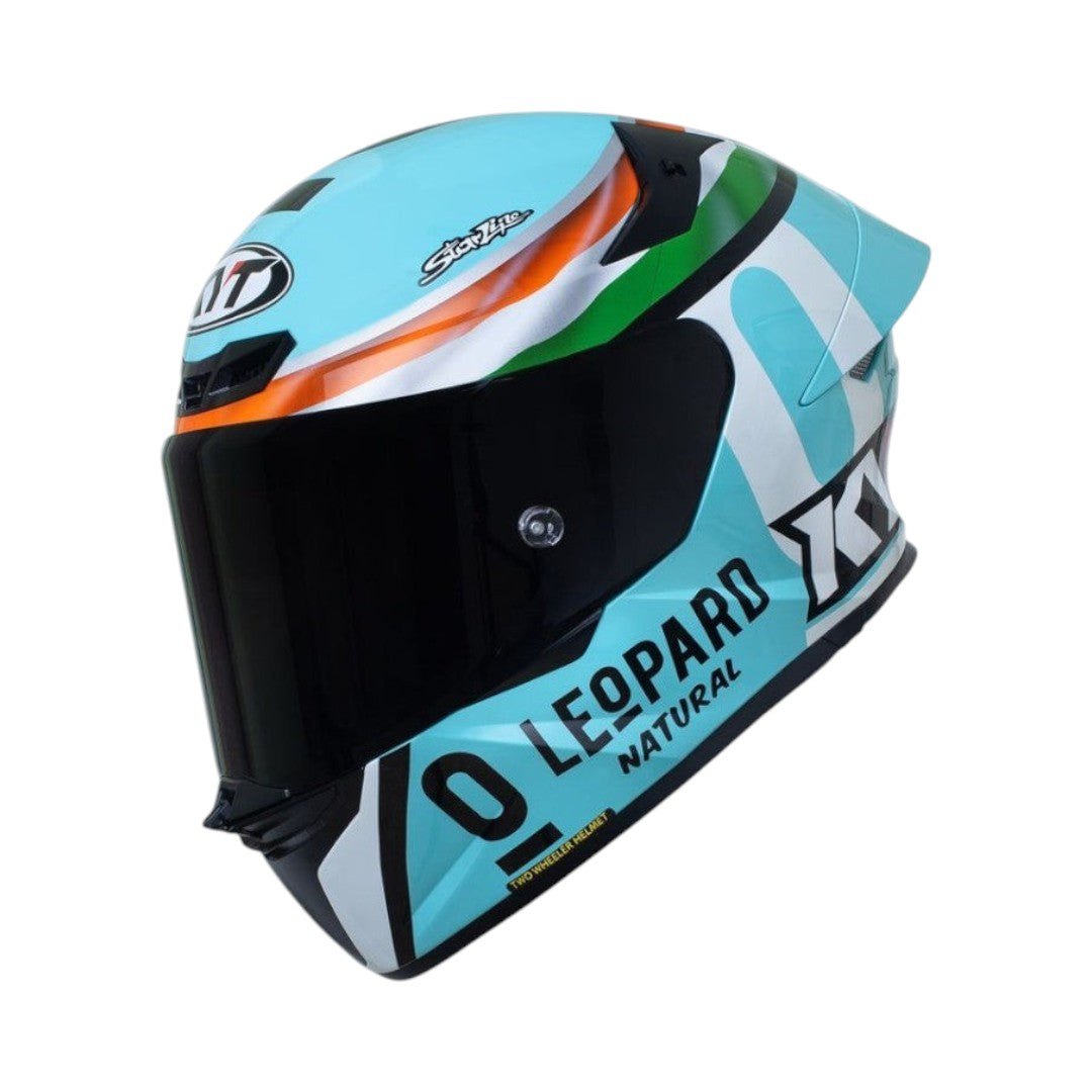 Motodrift KYT TT Revo Leopard India Edition full-face motorcycle helmet in gloss light blue with racing graphics