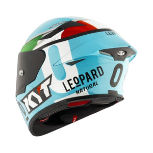 Motodrift KYT TT Revo Leopard Tricolore replica motorcycle helmet in gloss finish with aerodynamic spoiler