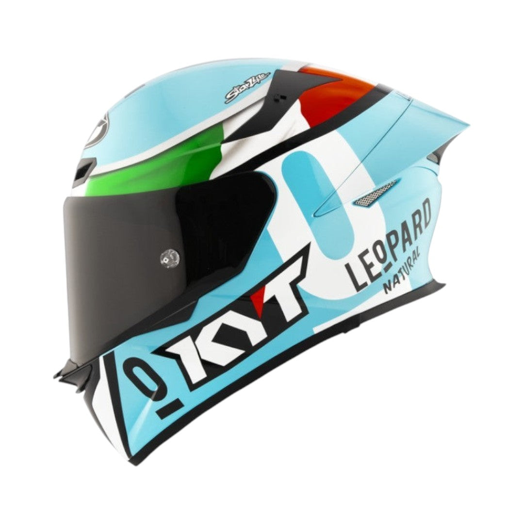 Motodrift KYT TT Revo Leopard Tricolore full-face motorcycle helmet with aerodynamic gloss finish and visor