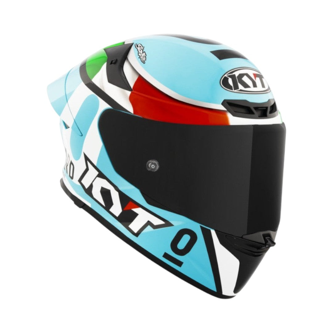 Motodrift KYT TT Revo Leopard Tricolore full-face motorcycle helmet with aerodynamic spoiler and gloss finish